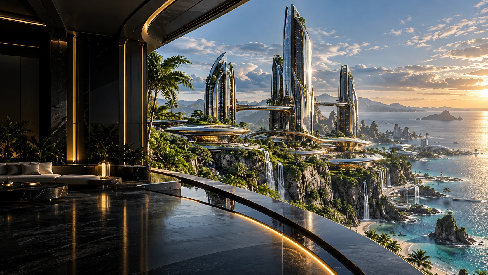 A futuristic coastal campus of silver towers, gold skybridges, lush terraces, and waterfalls
