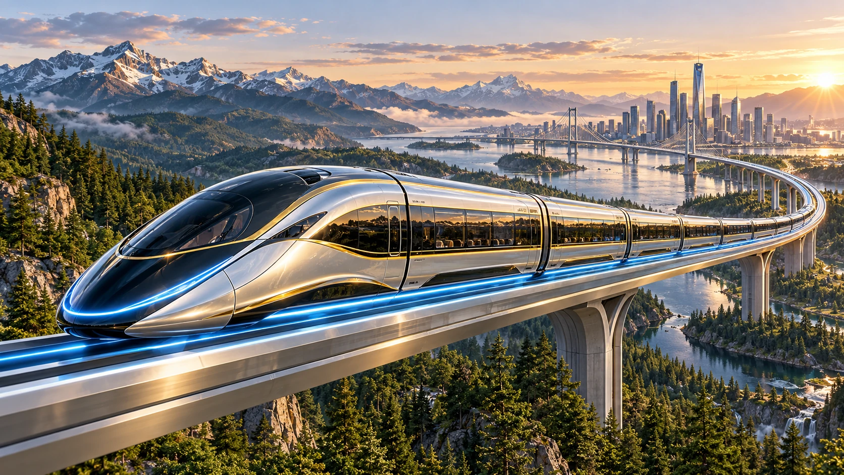 DragonLine concept: a silver and black high-speed maglev train crossing a green mountain valley toward an American city
