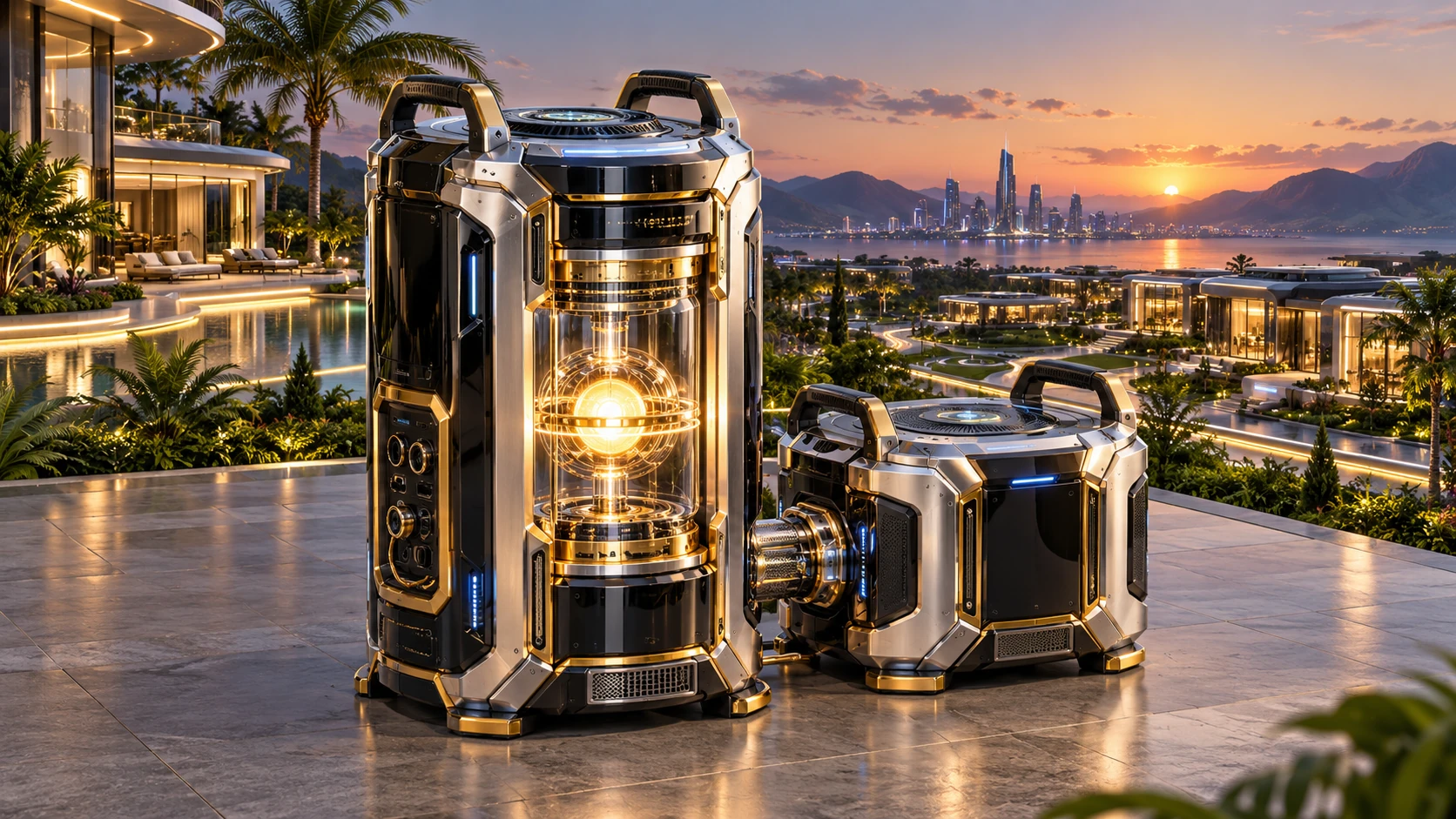 FireBurst concept: portable silver and black energy modules with a contained golden core beside a futuristic residential campus