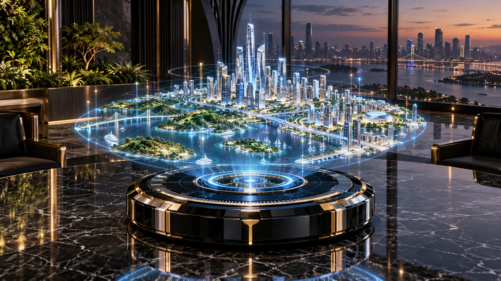 HoloSea concept: an obsidian and gold projector displaying a floating three-dimensional city hologram
