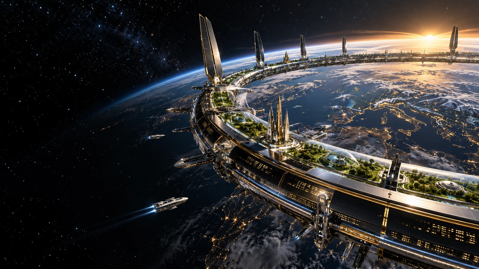 An orbital garden city with silver and gold architecture circling Earth at sunrise