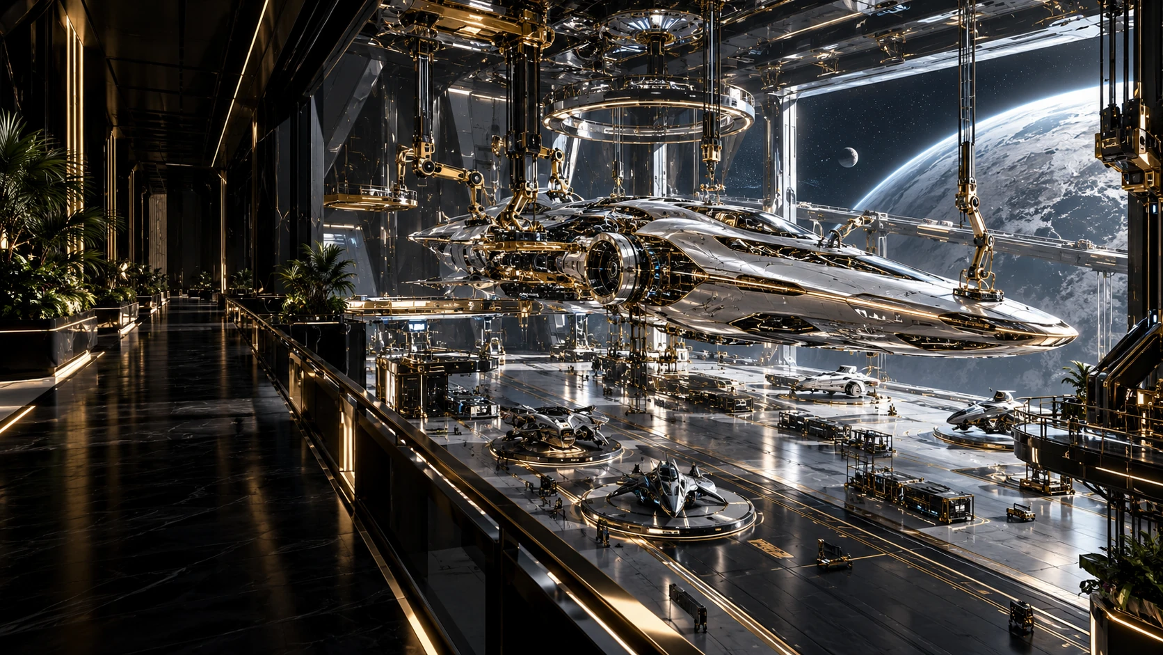 Silver spacecraft assembled by robotic gantries in a black-and-gold orbital foundry overlooking a planet