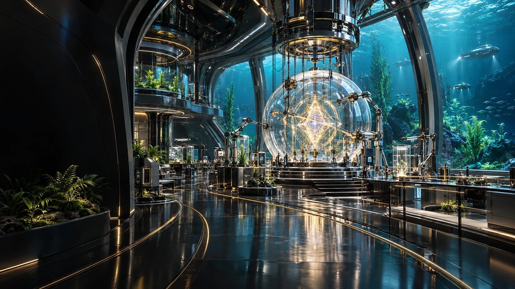 A transparent experimental chamber and precise instruments inside a lush deep-ocean research laboratory